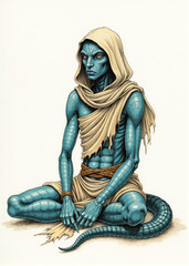 Slender snake-like humanoid with blue-gray scales and coiled tail – fantasy reptilian character for old-school tabletop RPG, naga or serpentfolk design with mystical elements