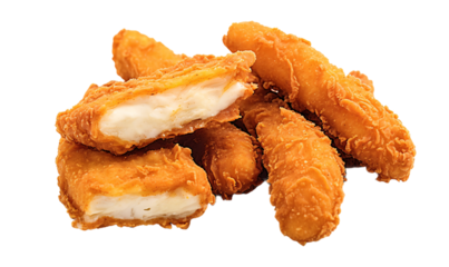 Crispy breaded chicken strips arranged in pile