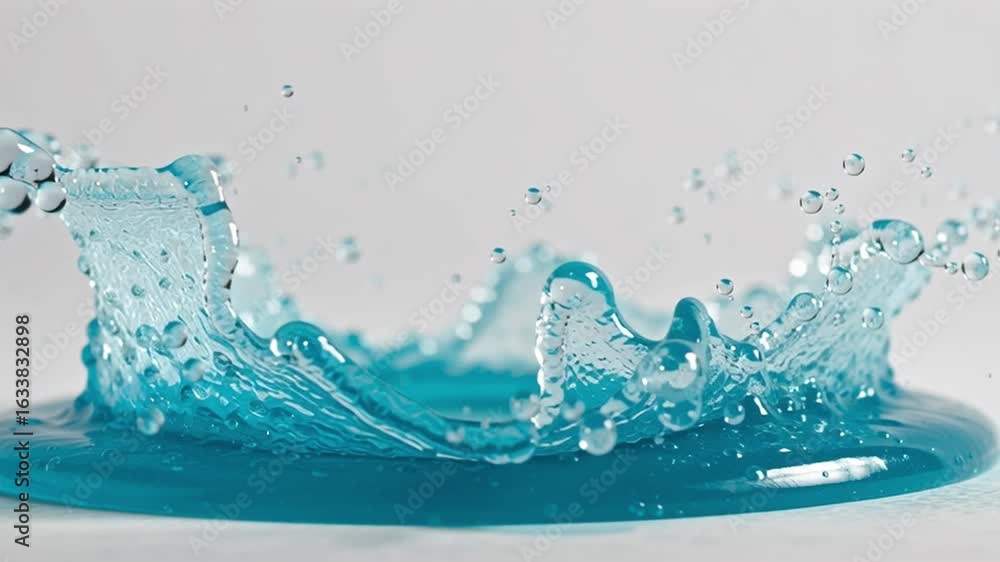 Poster bright blue gel splashes are captured in mid-motion, showcasing fluid dynamics and vibrant texture i