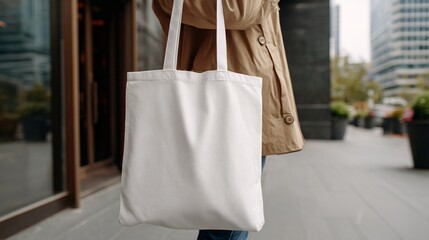 Lady on the move with a simple white tote bag, designed as a mockup template