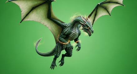 Fototapeta premium A green dragon soars through the air, its wings spread wide against a green backdrop