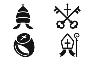 Papal Symbols Vector Icons Set. Solid Black Silhouette Illustrations of Pope Tiara, Keys of St. Peter, Papal Ring, Mitre Hat, Crosier, Cross, Catholic Vestments. Religious Vatican Emblems