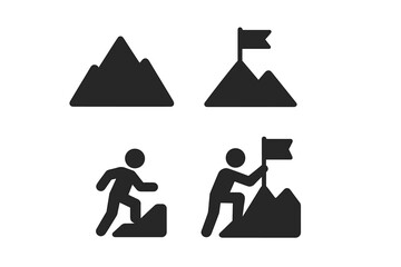 Obraz premium Achievement and Persistence Icon Set. Concept of Reaching Goals. Mountain Peak, Flag on Summit, Climber, Success, Ambition, Accomplishment, Motivation Symbols. Vector Illustration Isolated