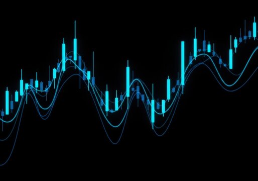 Blue candlestick stock market trading chart with wavy lines showing financial data analysis and market trends
