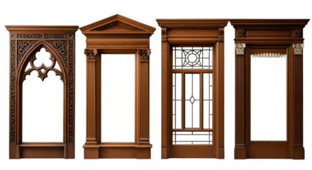 A set of vertical vintage windows with ornate wooden frames displayed against a light background. Each window showcases unique classical architectural details.	