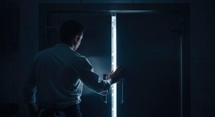 chef opening dark refrigerator door in commercial kitchen