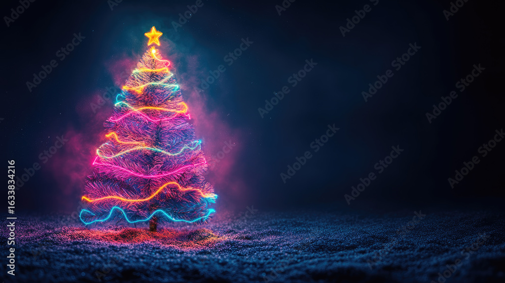 Poster futuristic neon christmas tree on glowing background with empty space for text or product display, p