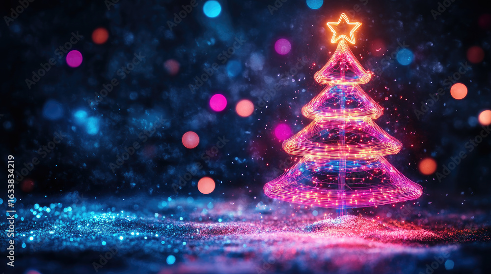 Poster futuristic neon christmas tree on glowing background with empty space for text or product display, p