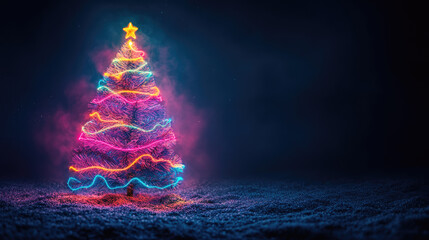 Futuristic neon Christmas tree on glowing background with empty space for text or product display, perfect for advertising, banners or holiday greetings, Happy New Year 2026 and Merry Christmas