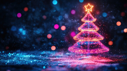 Futuristic neon Christmas tree on glowing background with empty space for text or product display, perfect for advertising, banners or holiday greetings, Happy New Year 2026 and Merry Christmas