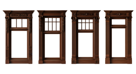A set of vertical vintage windows with ornate wooden frames displayed against a light background. Each window showcases unique classical architectural details.	
