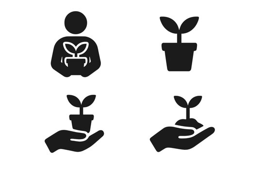 Plant care icons set. Solid filled vector illustrations of person holding potted plant, plant in pot, hand nurturing sapling, growing sprout in soil. Eco gardening, sustainability, growth concept