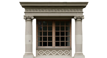 Obraz premium Vertical vintage windows with ornate wooden frames displayed against a light background. Each window showcases unique classical architectural details. 