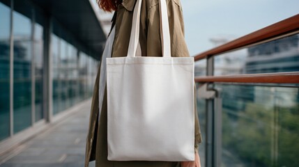 Lady on the move with a simple white tote bag, designed as a mockup template