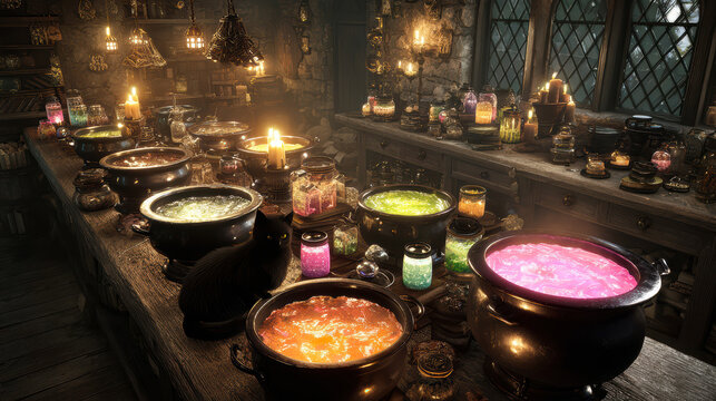 Enchanted potion-making in a mystical alchemist's workshop filled with colorful brews and flickering candlelight