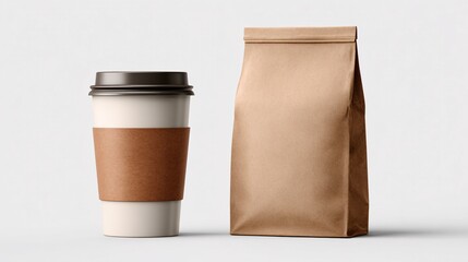 Coffee to-go cup and takeaway bag mockup with blank design space, set against a white background.