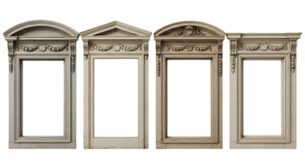 A set of  vertical vintage windows with ornate wooden frames displayed against a light background. Each window showcases unique classical architectural details.