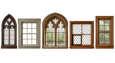 A set of  vertical vintage windows with ornate wooden frames displayed against a light background. Each window showcases unique classical architectural details.