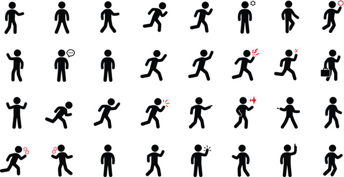 Collection of black stick figure icons showing various actions and poses person human 1