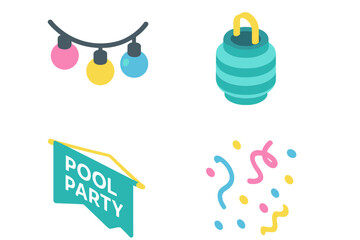 Pool Party Decorations Set. Isometric Vector Icons of String Lights, Paper Lantern, Pool Party Banner Flag, Confetti Streamers. Festive Outdoor Summer Event Decoration Elements for Celebration