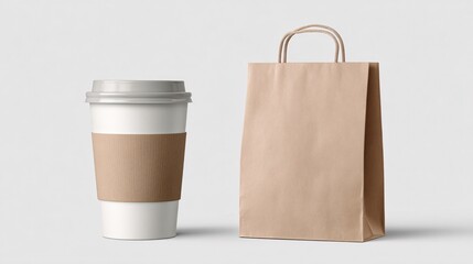 Coffee to-go cup and takeaway bag mockup with blank design space, set against a white background.