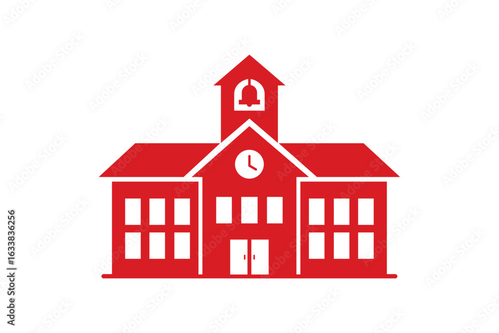 Poster minimalist vector icon of a school building in red color, flat design, clean lines, isolated on whit