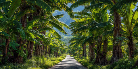 A scenic view of a banana plantation with tall banana trees lining a dirt road. Mountains are visible in the background under a clear blue sky.