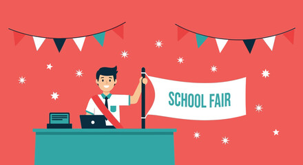 Cheerful Student Advertising School Fair On Booth At Festive Celebration