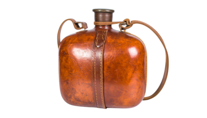 Worn leather water canteen, isolated on transparent background