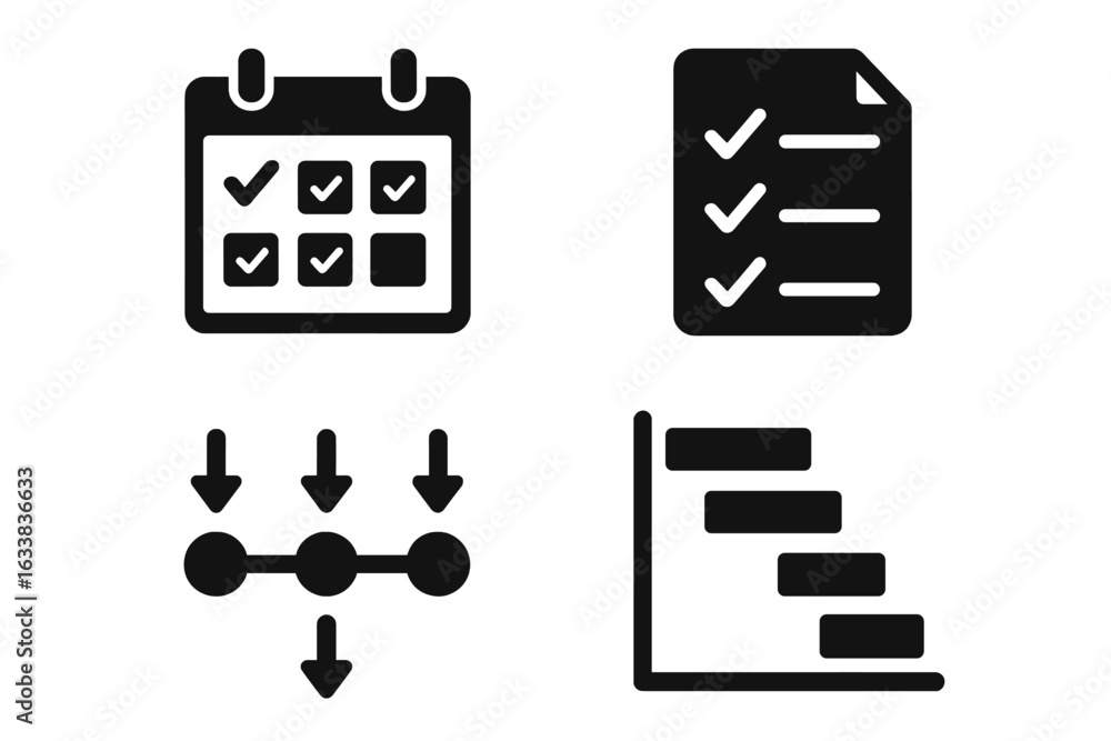 Poster project management solid icons set. vector illustration of task planning calendar, checklist, workfl