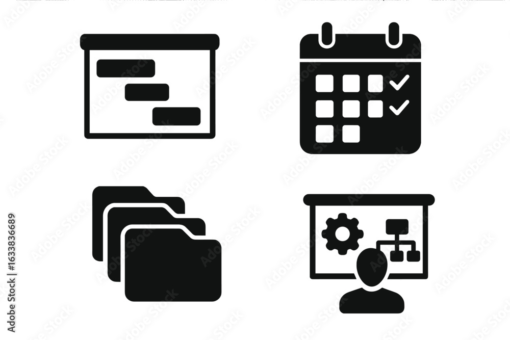 Poster project management planning icons set. solid black vector illustrations of gantt chart, calendar wit