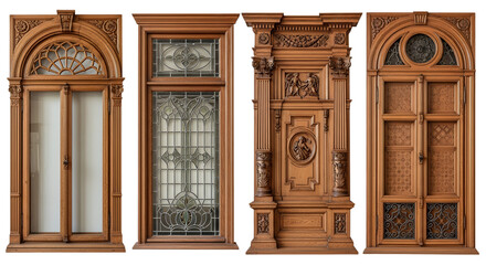 A set of  vertical vintage windows with ornate wooden frames displayed against a light background. Each window showcases unique classical architectural details.