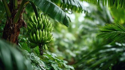 A bunch of ripe bananas hanging from a tree, ready for harvest. The bananas are green and clustered together among large green leaves.