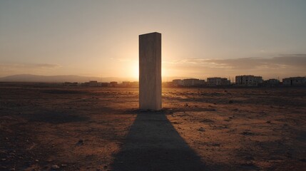 A rectangular concrete monolith stands in a desert landscape at sunset