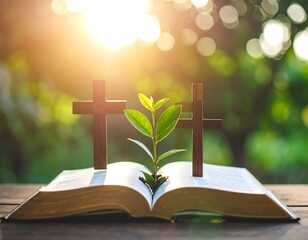 Open book, two crosses, and a sprout in sunlight