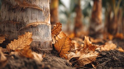 A close-up view of a palm tree trunk surrounded by dry leaves on the ground. The scene captures a tropical environment with a blurred background of palm fronds.