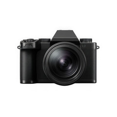 Fototapeta premium Modern black digital mirrorless camera with large lens isolated on transparent background