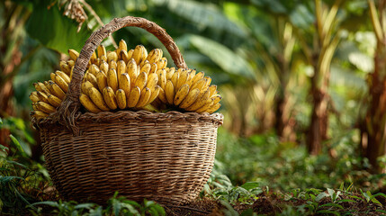 A woven basket filled with ripe yellow bananas sits on the ground among lush green banana plants. The scene captures the essence of a banana harvest.