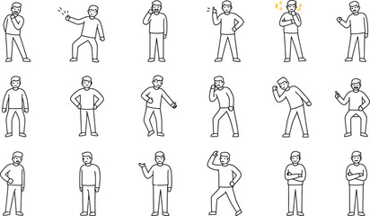 Collection of simple line art illustrations of men in various poses and expressing different emotions
