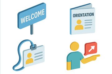 Isometric onboarding and orientation icons set. Welcome sign, orientation booklet, name badge, guided tour person. Employee induction, HR training, new hire, business integration, vector illustration.