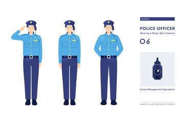 雑踏警備で活用するウェアラブルカメラと女性警官のイラスト ベクター素材のセット