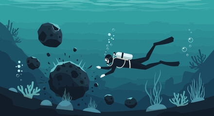 Diver Exploring The Underwater Landscape With Rocks And Coral Reefs Illustration