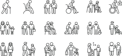 Collection of stick figure icons depicting people with disabilities and caregivers disability assistance