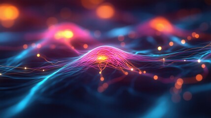 Futuristic neon waveform in iridescent blue, pink, orange shades. 2000s, holographic, glow, fluid design. Digital art, modern web header, futuristic visuals, creative banner.