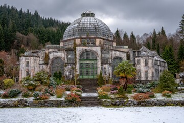 Obraz premium Old, weathered greenhouse in winter gardens