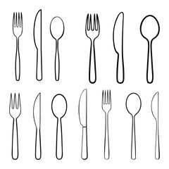 A gleaming steel set of cutlery including forks, spoons, and knives is isolated on a white background, perfect for a dining or restaurant theme