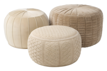 Set of three round beige ottomans with soft textured fabric, modern poufs in different stitched patterns for cozy living room or bedroom decor