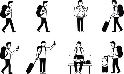 Eight Black And White Illustrations Of A Man Traveling With Luggage And A Map traveler suitcase