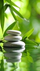 Calm stones on water with bamboo