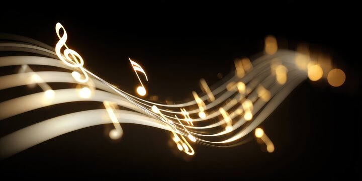 Golden musical notes flowing on black background